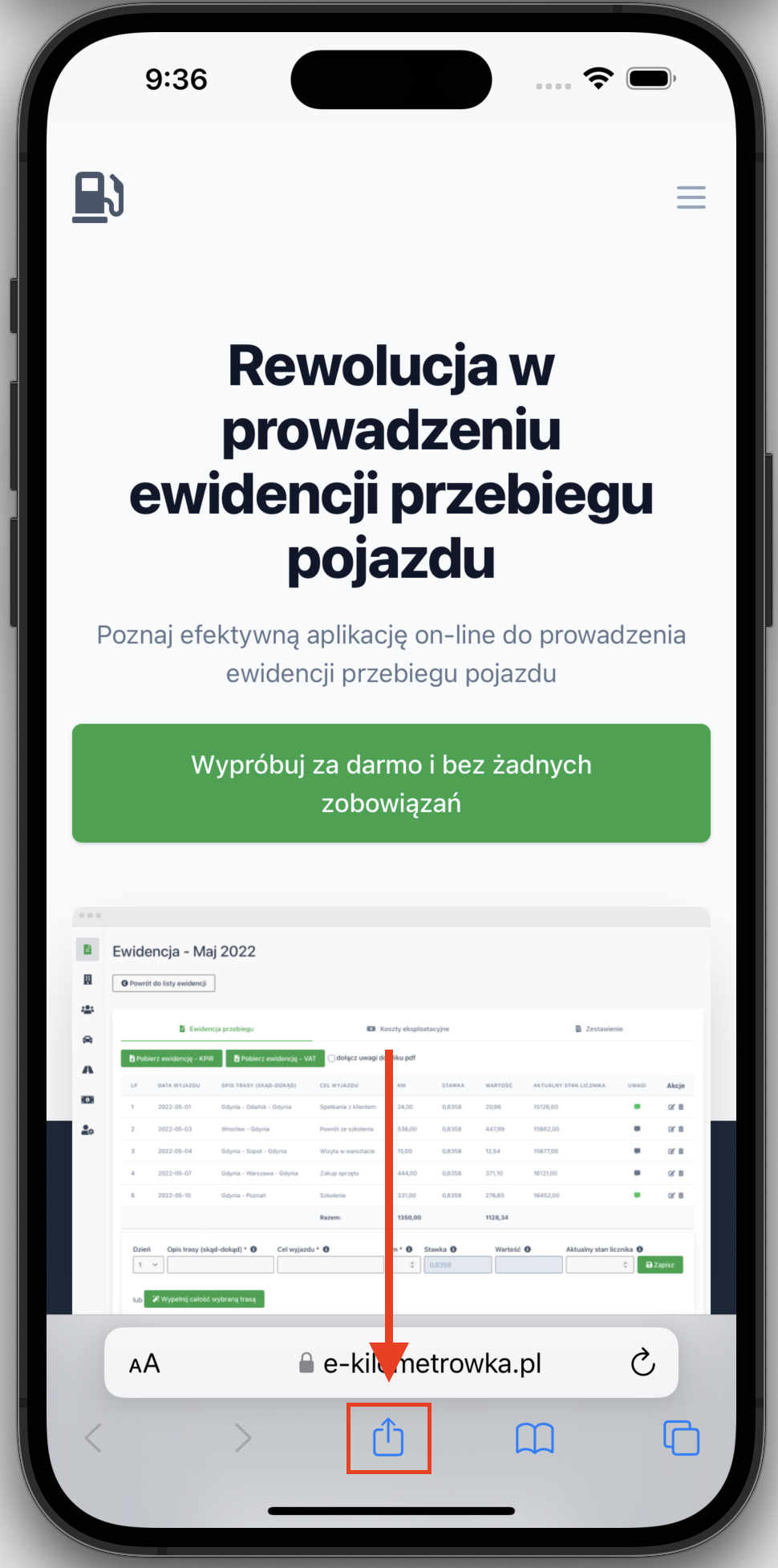 Przycisk "udostępniania" w przeglądarce Safari.